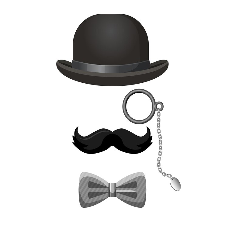 Vector vintage gentleman collection in black and grey colors isolated on white. bowler hat, dark moustache, eye-glasses and bow tie vector poster