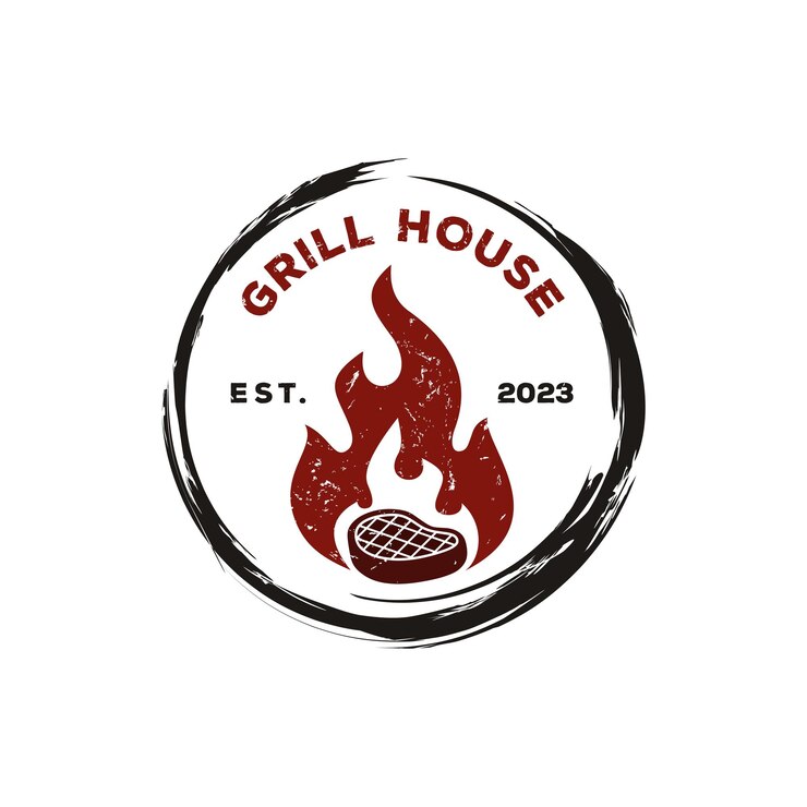 Vintage Grill House bbq barbecue barbeque bar and grill logo design with meat and fire