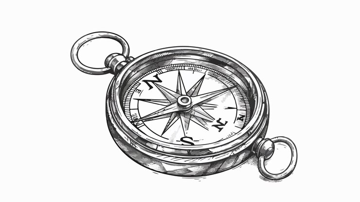 Vintage Hand Drawn Magnetic Compass with Outlines
