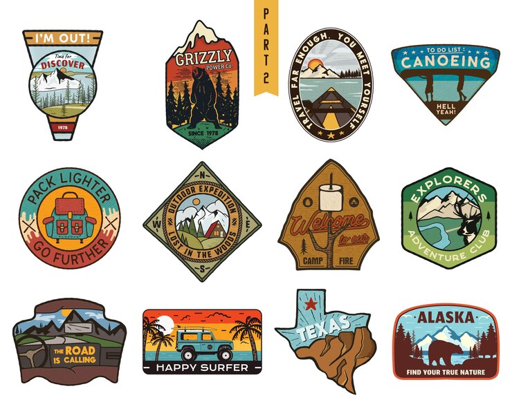 Vector vintage hand drawn travel badges set. camping labels concepts. mountain expedition logo designs. outdoor hike emblems. camp logotypes collection. stock vector patches isolated on white background.