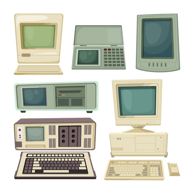 Vintage illustrations of desktop computers and other different technician gadgets