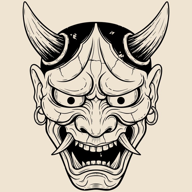 Vintage Japanese Oni Mask Sketch Monochrome Line Art