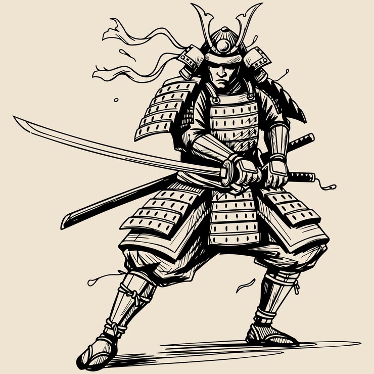 Vintage Japanese Samurai Sketch Monochrome Katana amp Armor