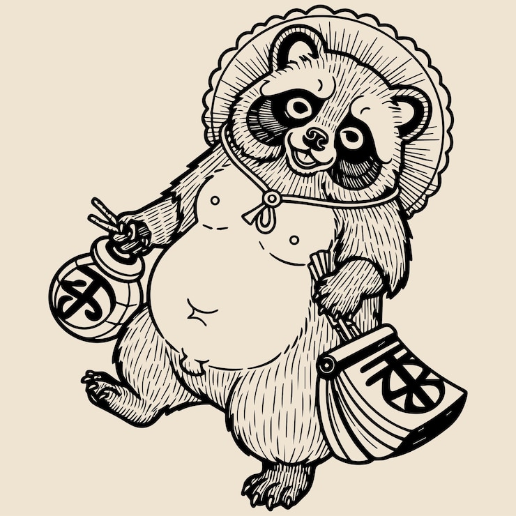Vintage Japanese Tanuki Sketch Monochrome Line Art