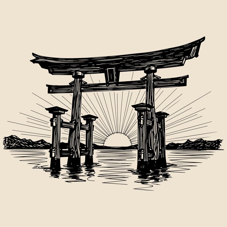 Vintage Japanese Torii Gate Sunset Sketch Monochrome Line Art