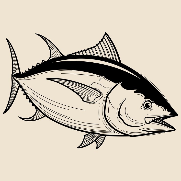 Vintage Japanese Tuna Sketch Monochrome Line Art