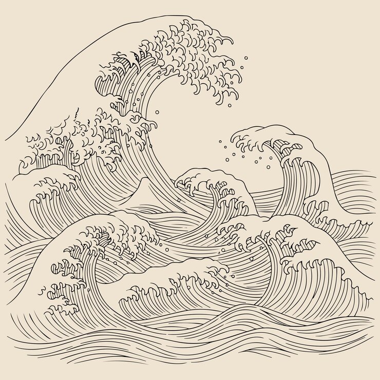 Vintage Japanese Ukiyoe Waves Sketch Monochrome Line Art