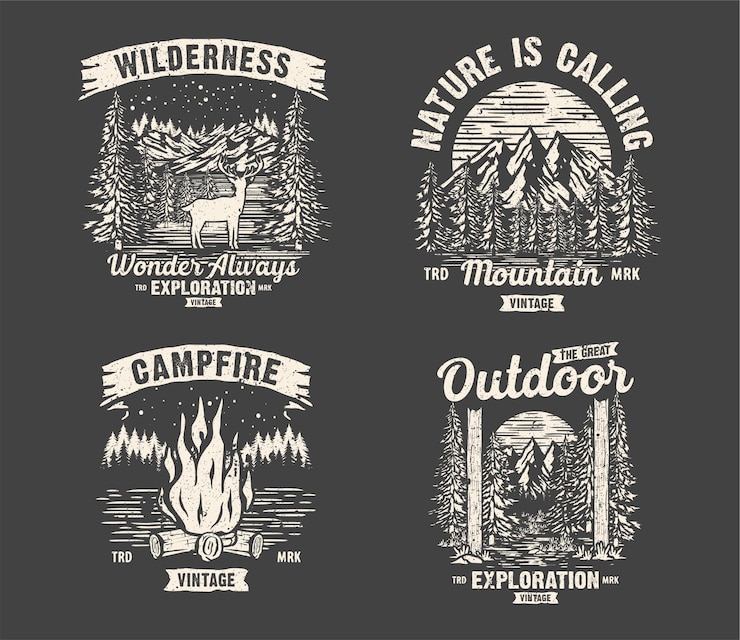Vector vintage logo set adventure and outdoor mountains camping for sticker, hat, t-shirt, poster design