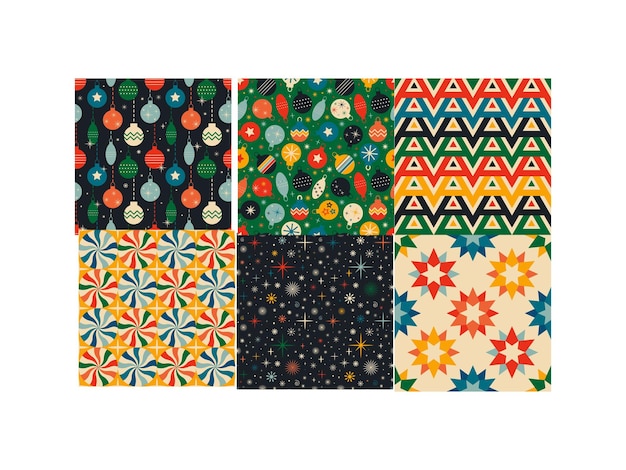Vintage retro Christmas seamless backgrounds in the style of the 60s and 70s Vector illustration