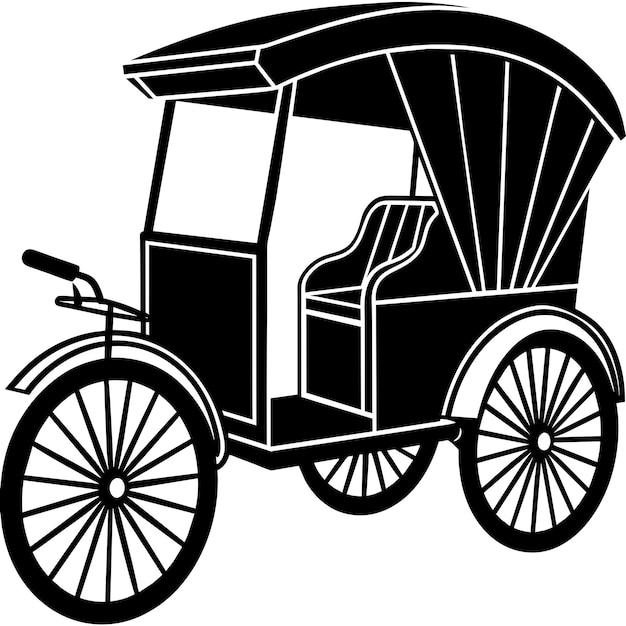 vintage rikshaw silhouette black and white illustration