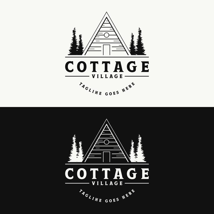 Vintage rustic cabin or cottage logo design with forest and mountain views