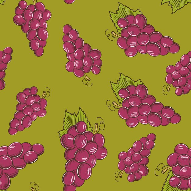 Vintage seamless pattern with red grapes on a green background. Colored illustration.