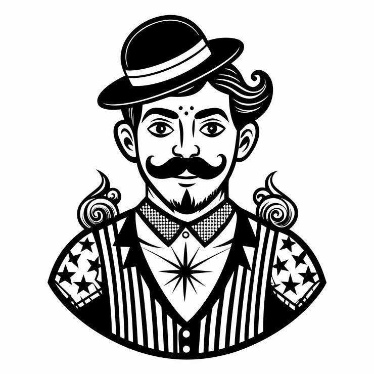 Vector vintage style gentleman with hat and mustache in black and white art