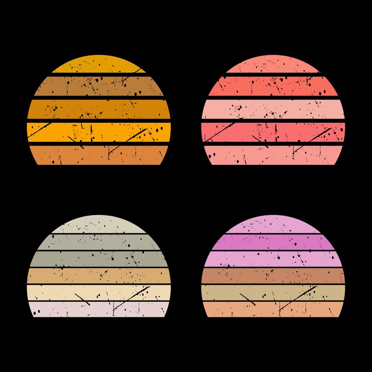 Vector vintage sunset collection in 70s 80s style. regular and distressed retro sunset set.