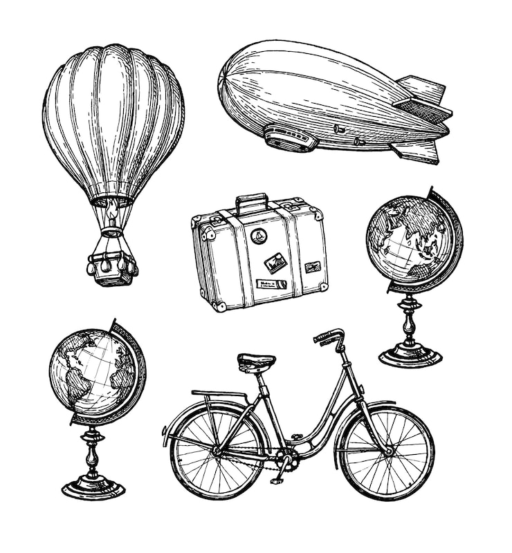 Vector vintage travel set. hand drawn ink sketches.
