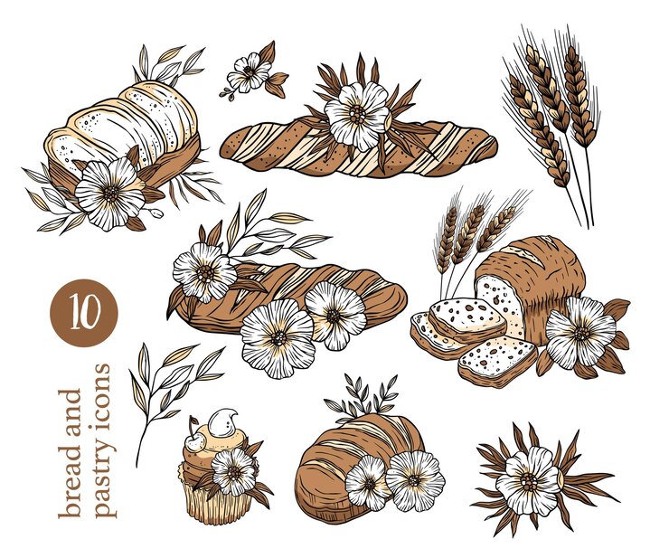Vintage vector set of icons illustrations depicting bread loaf baguette spikelets of wheat pastries