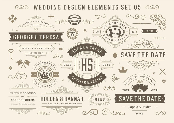 Vector vintage wedding and valentines day decorative ornament design elements set vector illustration