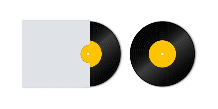 Vector vinyl record disc with yellow label. vinyl record with cover mockup. old technology, realistic retro design. front view. disco party.
