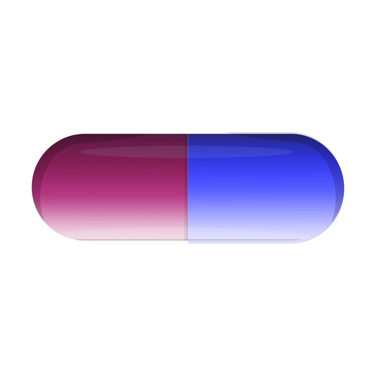 Vector violet and electric blue capsules on white backdrop with water transparency