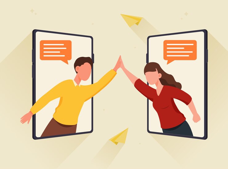 Vector virtual hi concept young man and girl greet through screens of smartphones social networks and