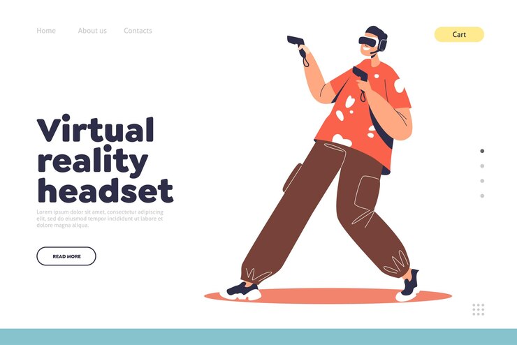Vector virtual reality headset concept of landing page with active boy gaming wearing 3d glasses