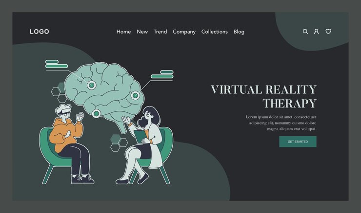 Vector virtual reality therapy concept digital brain treatment with vr tech for mental health solutions
