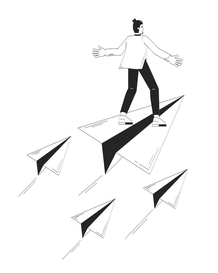 Vector visionary leader flying forward on paper plane doodle line illustration concept