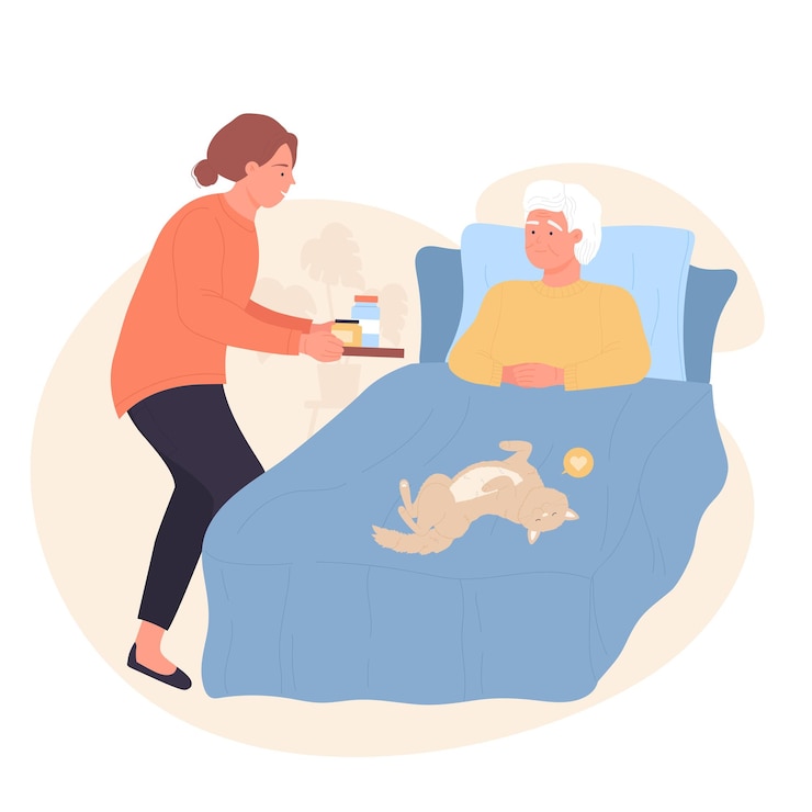 Vector visit help and support of volunteer to aged person elderly patient lying in bed