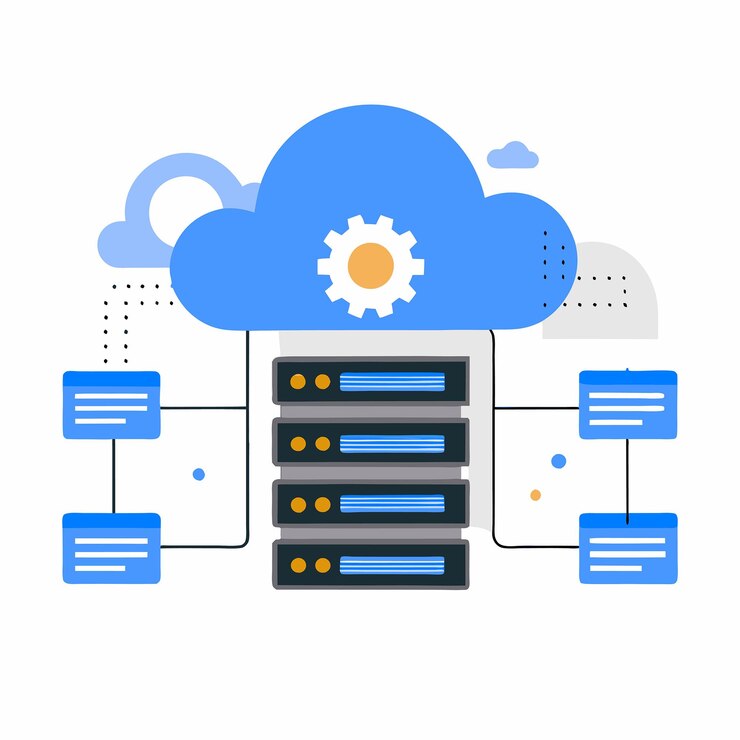Vector visual metaphor of cloud hosting a flexible and scalable computing model