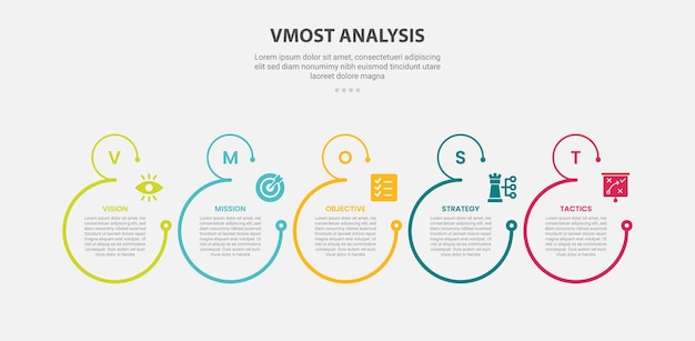 vmost analysis infographic outline style with 5 point template with open big circle with small at top for slide presentation