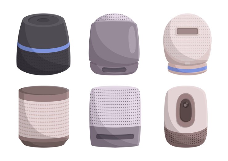 Vector voicecontrolled smart home speakers set devices provides handsfree control voiceactivated commands