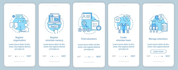 Volunteers finding onboarding mobile app page screen with linear concepts. Humanitarian help. Volunteer program walkthrough steps graphic instructions. UX, UI, GUI vector template with illustrations