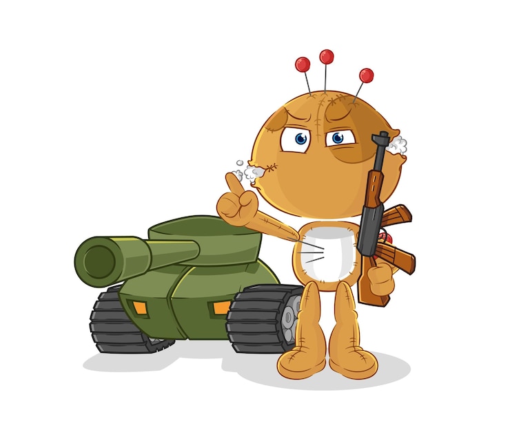 Vector voodoo doll soldier with tank character cartoon mascot vector