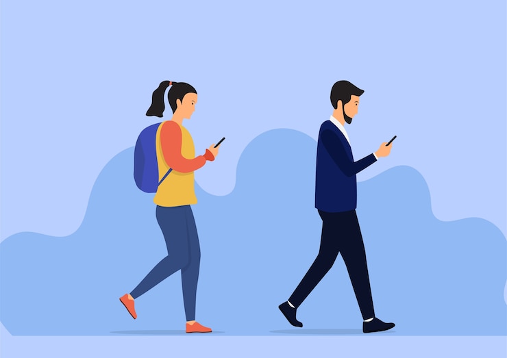 Vector walking people checking mobile phone.  flat  illustration