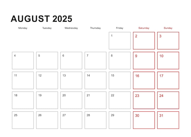 Vector wall planner for august 2025 in english language week starts in monday