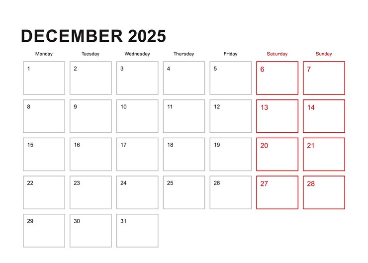 Vector wall planner for december 2025 in english language week starts in monday