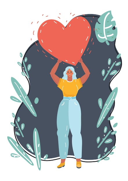 Wanita dengan hati merah di kegelapan