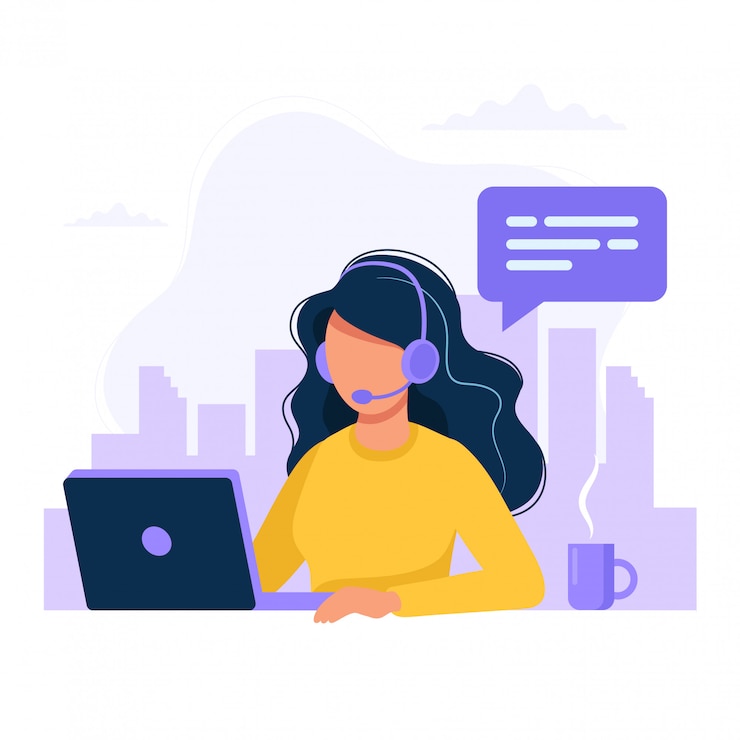 Vector wanita dengan headphone dan mikrofon dengan komputer