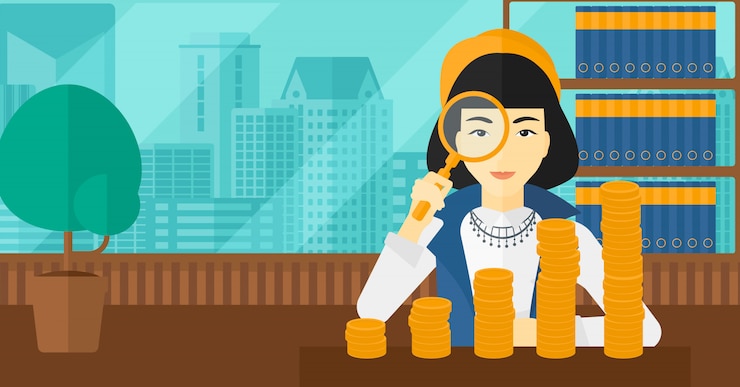 Vector wanita dengan kaca pembesar dan koin emas.