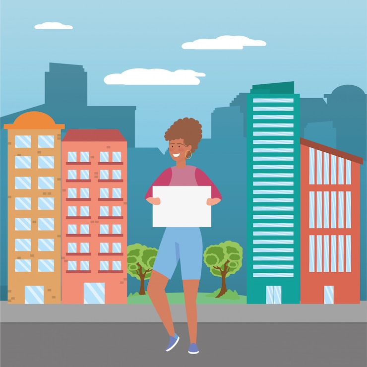 Vector wanita dengan papan di kota