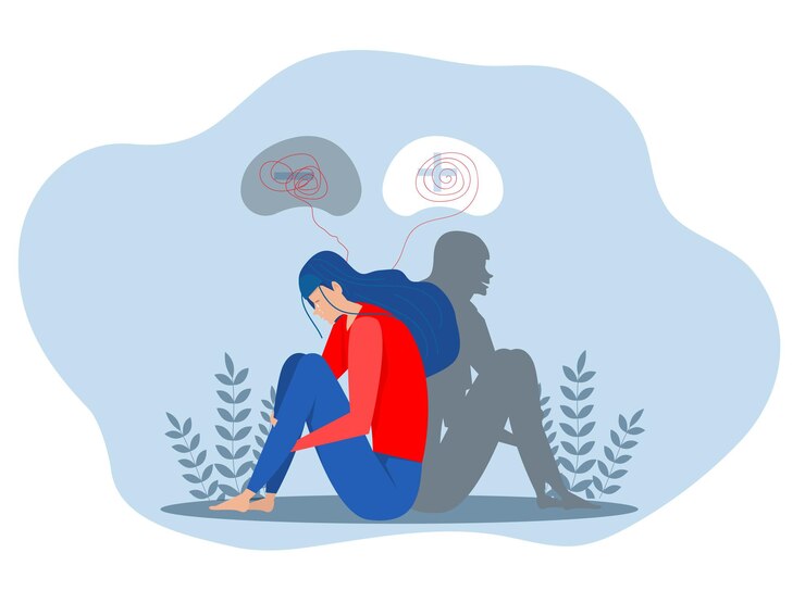 Vector wanita dengan sedih kesepian emosi dan depresi memikirkan tentang ekspresi masalah