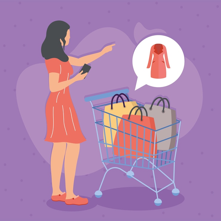 Vector wanita dengan troli belanja