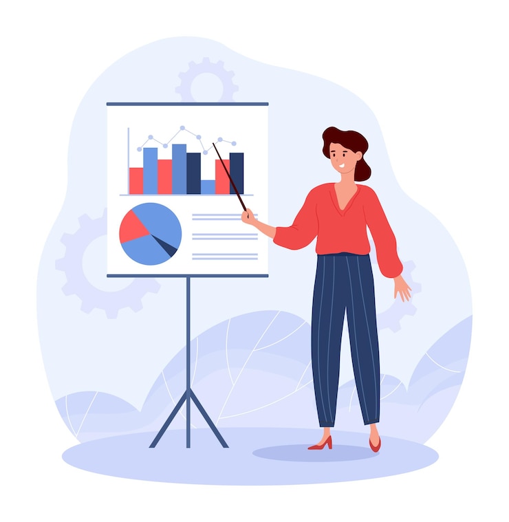 Vector wanita memberikan presentasi analis berbicara di depan umum bekerja dengan grafik statistik dan bagan pembicara