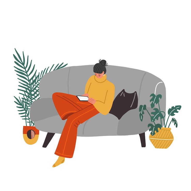 Vector wanita muda duduk di sofa dan menonton ponselnya dengan tanaman di sekitarnya, gadis remaja di rumah sedang berselancar...