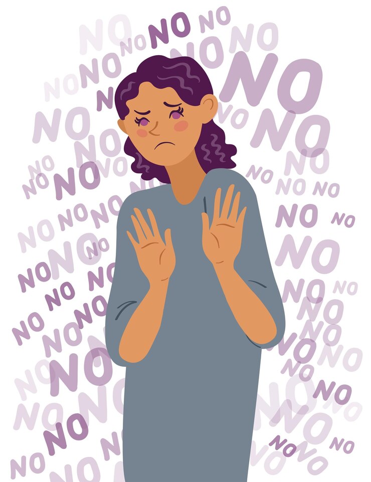 Vector wanita muda ketakutan dengan gestur negatif. ilustrasi vektor yang digambar tangan.