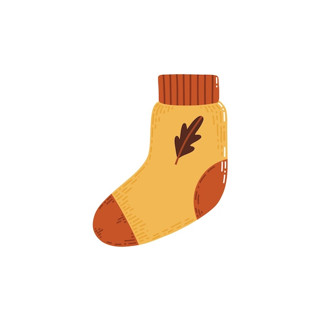 Warm knitted yellow sock vector hand drawn clipart in warm autumnal colors