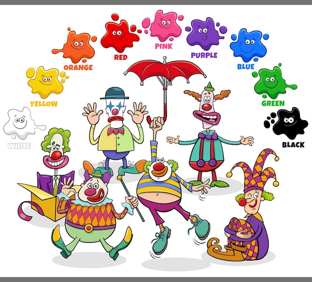 Warna dasar untuk anak-anak dengan sekelompok badut kartun berwarna-warni