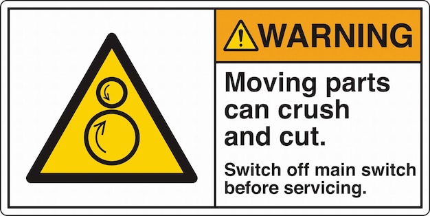 warning signs counter rotating rollers moving parts can crush and cut switch off main switch before