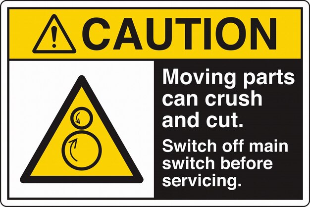 warning signs counter rotating rollers moving parts can crush and cut switch off main switch before