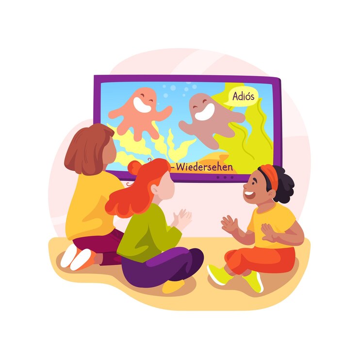 Vector watching cartoon in foreign language isolated cartoon vector illustration